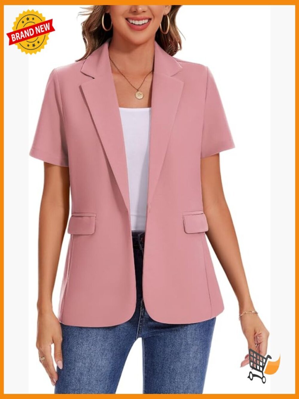 Women Short Sleeve Blazer Lightweight Button Front Business Jacket Notched